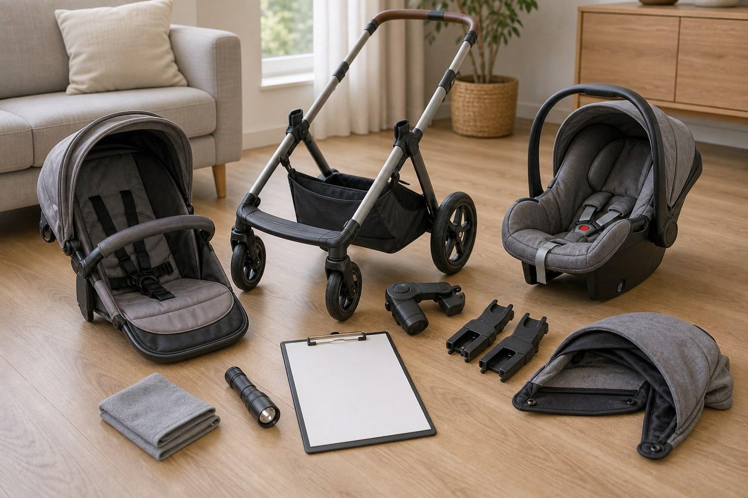 Gebrauchter Kinderwagen und Babyzubehör werden vor dem Kauf geprüft