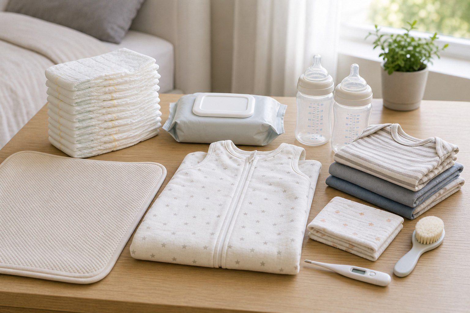 Reduzierte Baby-Erstausstattung mit Kleidung, Windeln, Flaschen und Schlafsack