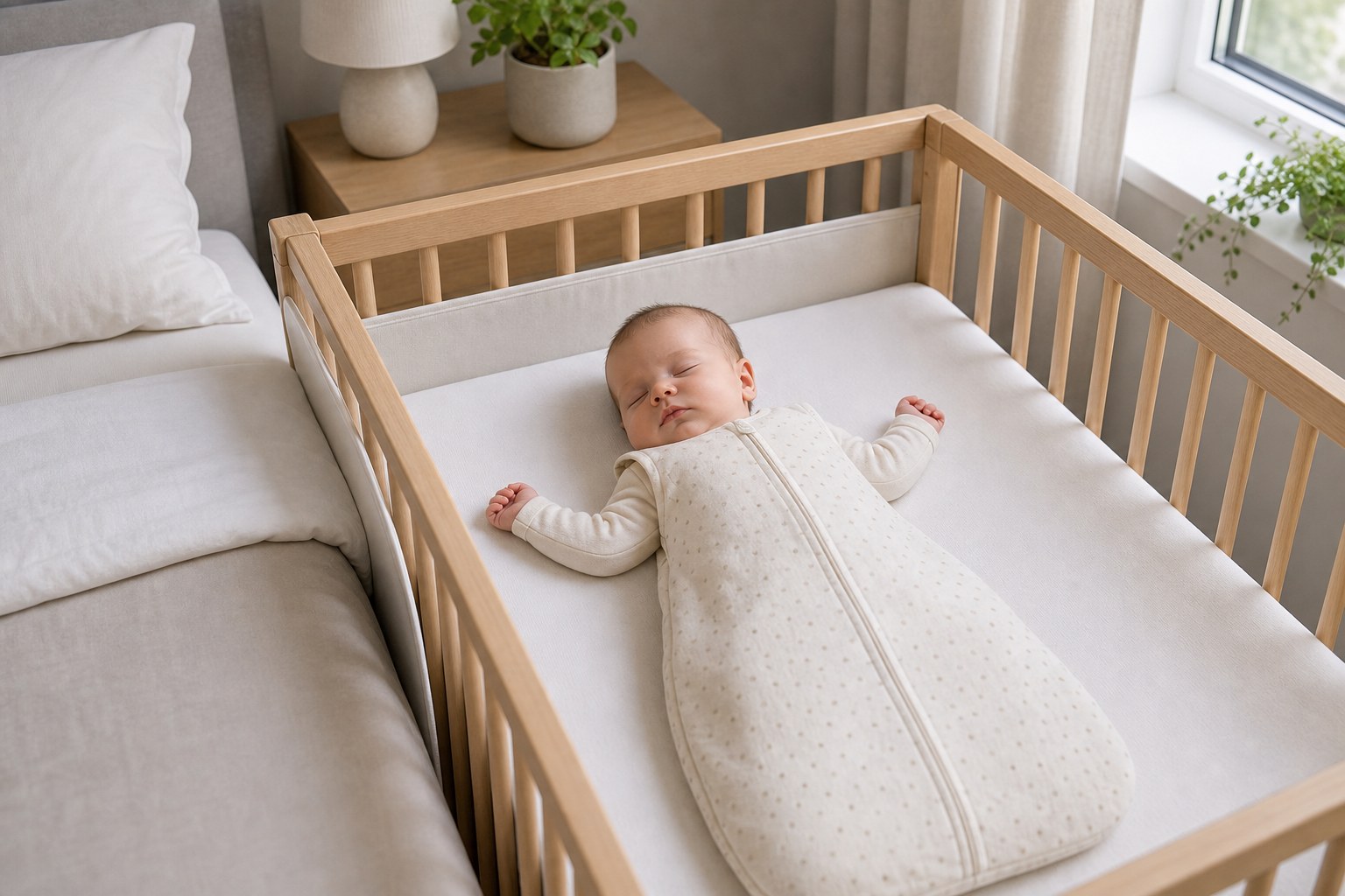 Baby schläft auf dem Rücken im Schlafsack in sicherer Schlafumgebung
