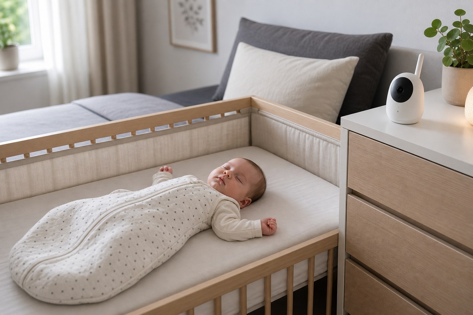 Baby schläft im sicheren Beistellbett mit Babyphone außerhalb der Schlafumgebung