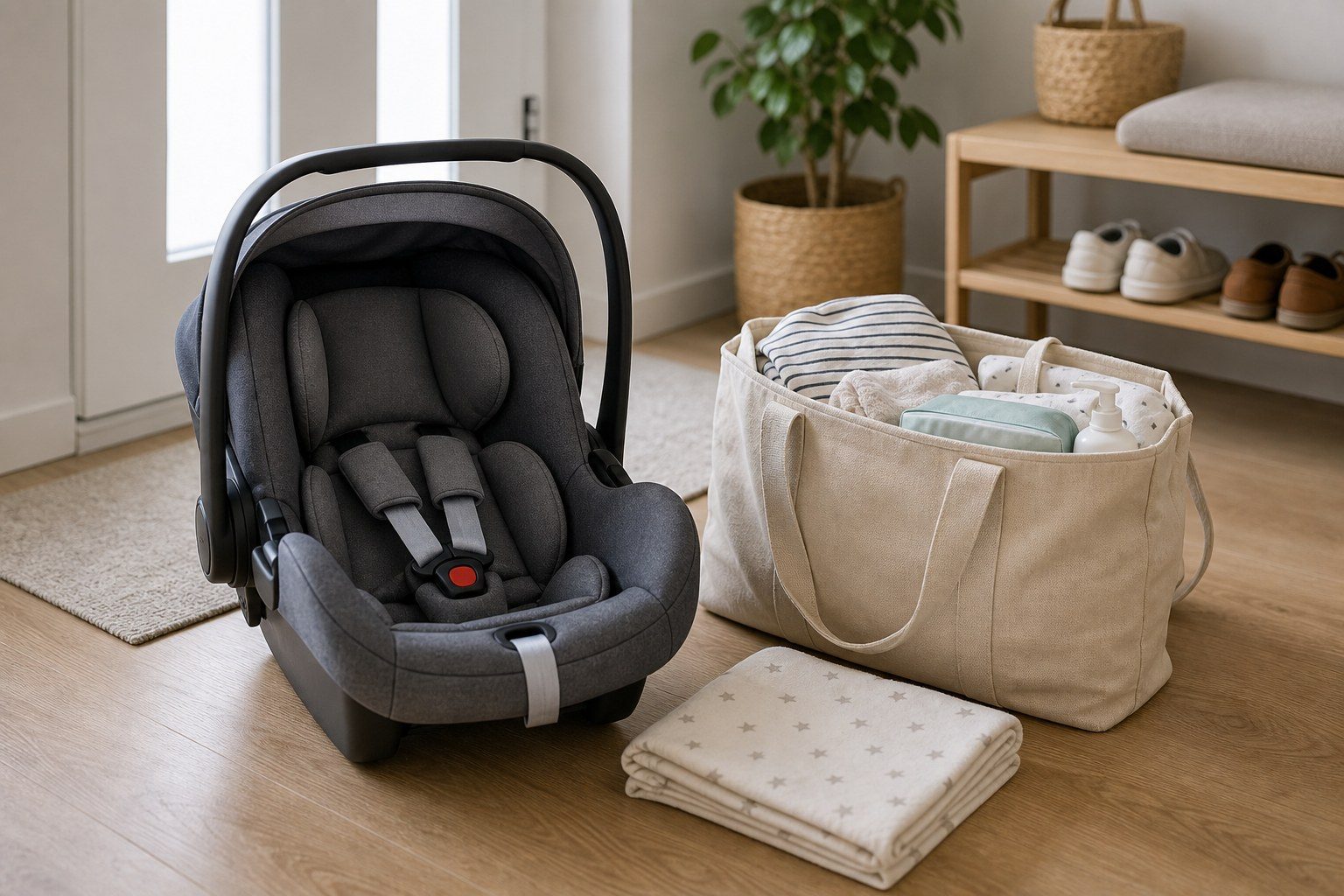 Babyschale neben Kliniktasche als Vorbereitung vor der Geburt