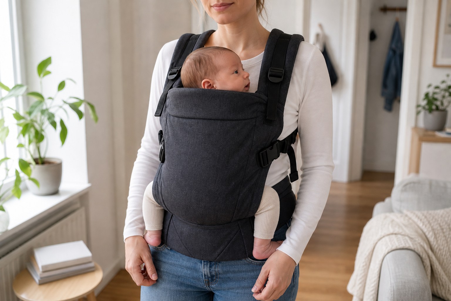 Neugeborenes sicher in einer Babytrage mit sichtbarem Gesicht getragen