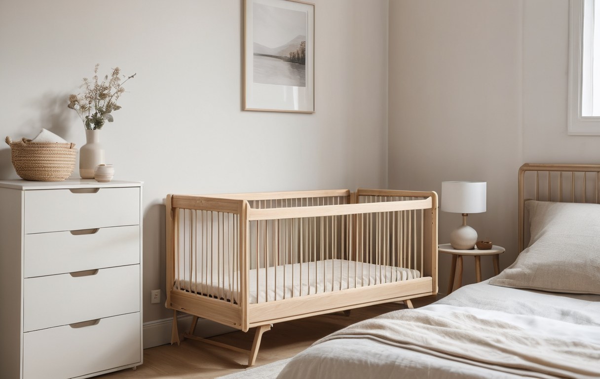 Beistellbett am Elternbett in einem hellen Schlafzimmer