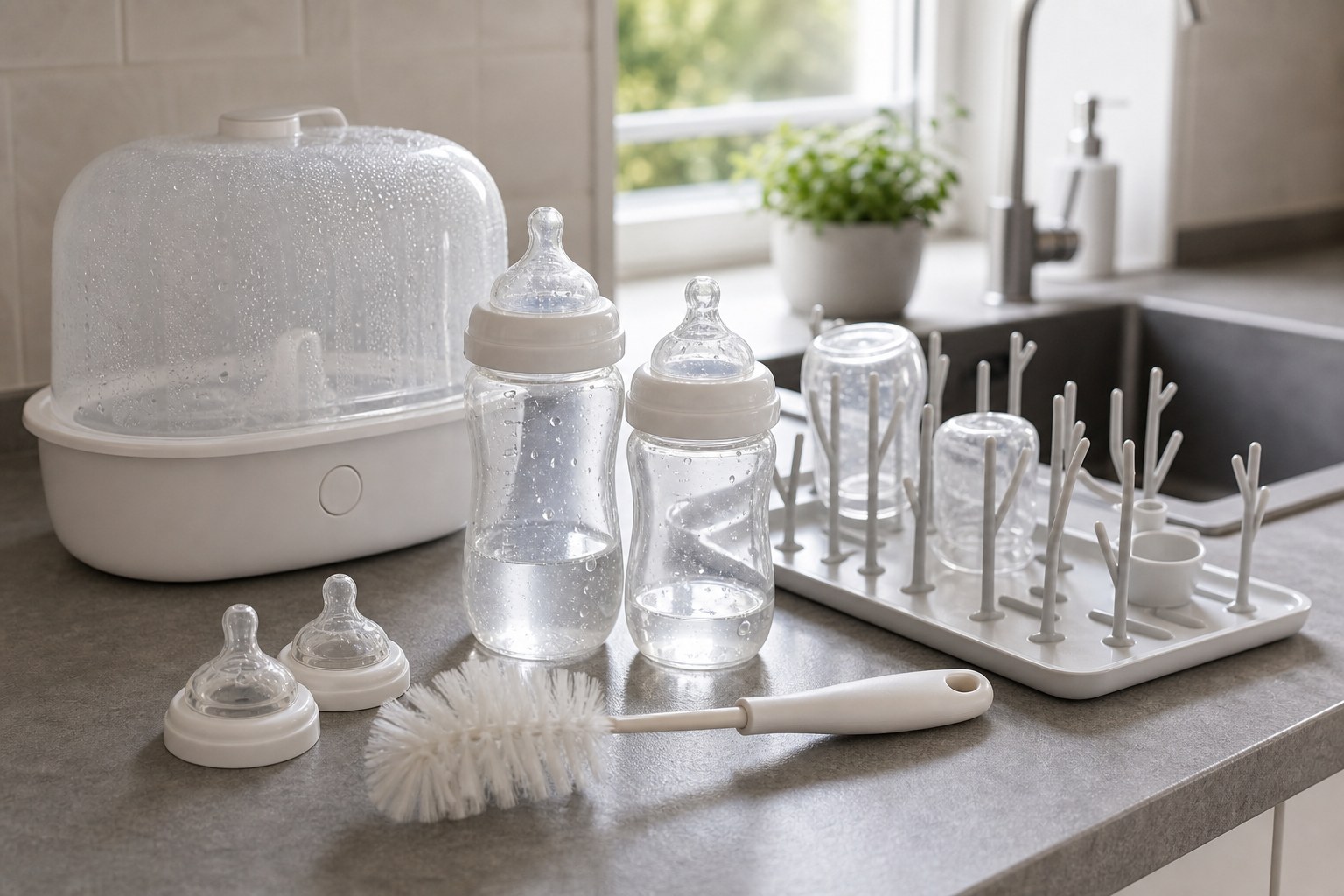 Babyflaschen, Sauger, Flaschenbürste und Trockengestell auf einer Küchenarbeitsfläche