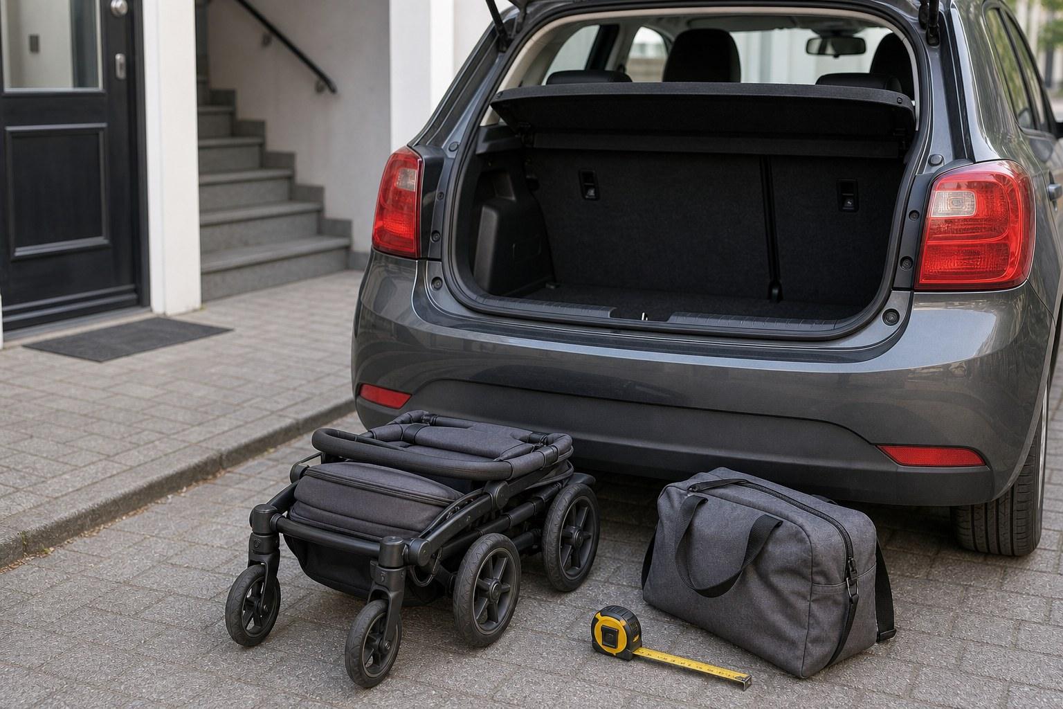 Gefalteter Kinderwagen vor kleinem Kofferraum als Platztest