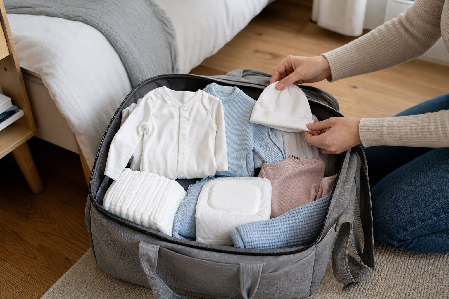 Ruhig gepackte Kliniktasche mit Babybody, Mütze, Windeln und Mulltüchern