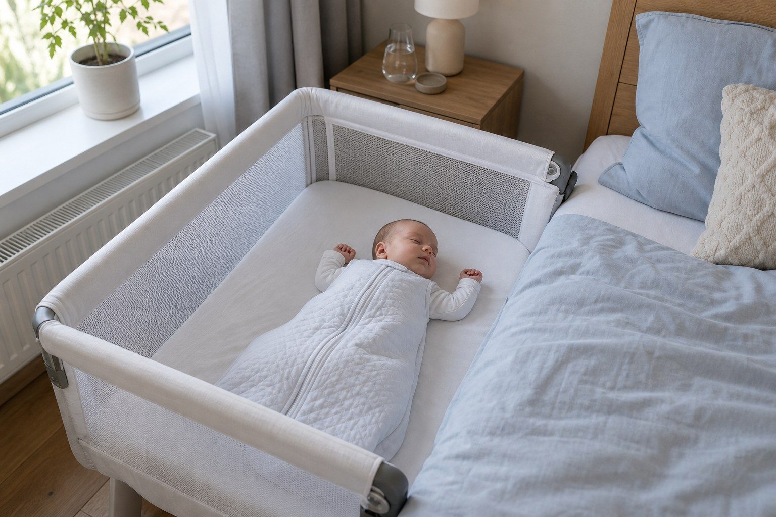 Sicheres Babybett mit Schlafsack, fester Matratze und freier Liegefläche