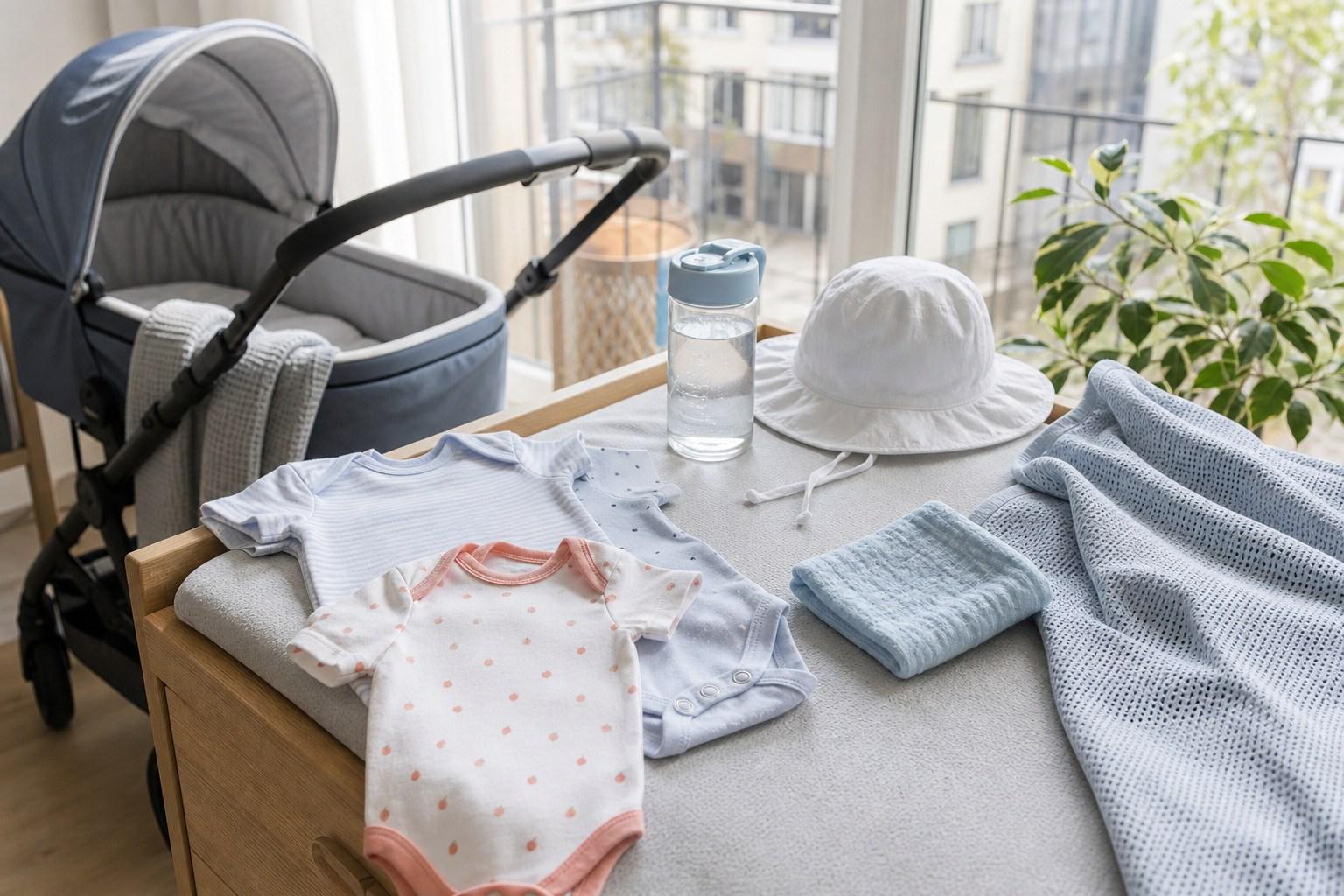 Leichte Sommer-Erstausstattung mit Baumwollbodys, Mützchen und Mulltüchern