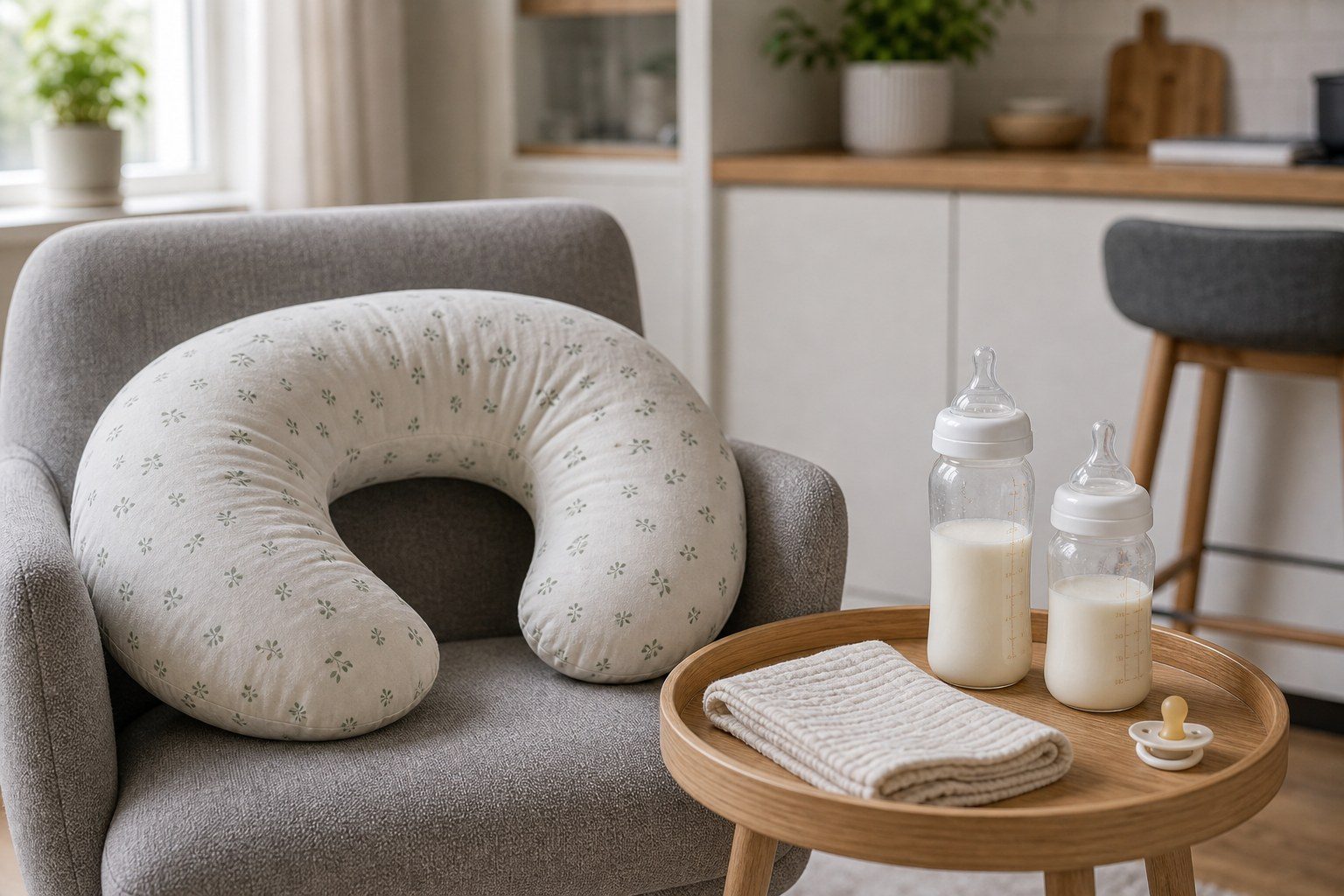 Stillkissen, Babyflaschen und Mulltücher als neutrale Fütter-Basics