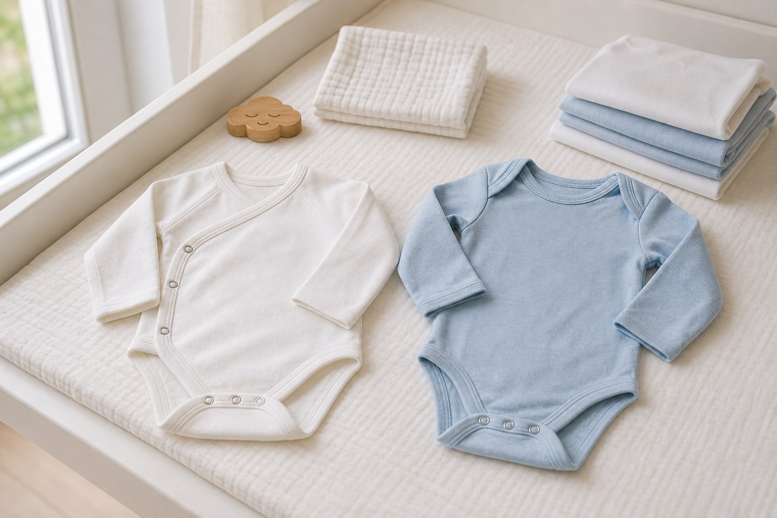 Wickelbody und normaler Babybody in weißen und blauen Baumwollstoffen